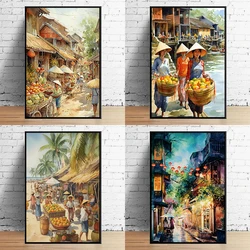 Vietnamese Village Poster Asian Market Scene Canvas Painting Vintage Watercolour Wall Art Picture for Living Room Home Decor