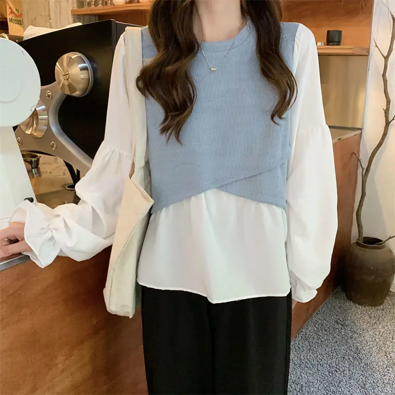 

Sweet O-Neck Spliced Fake Two Pieces Blouses Female Clothing 2025 Autumn New Loose Korean Tops Butterfly Sleeve Shirts