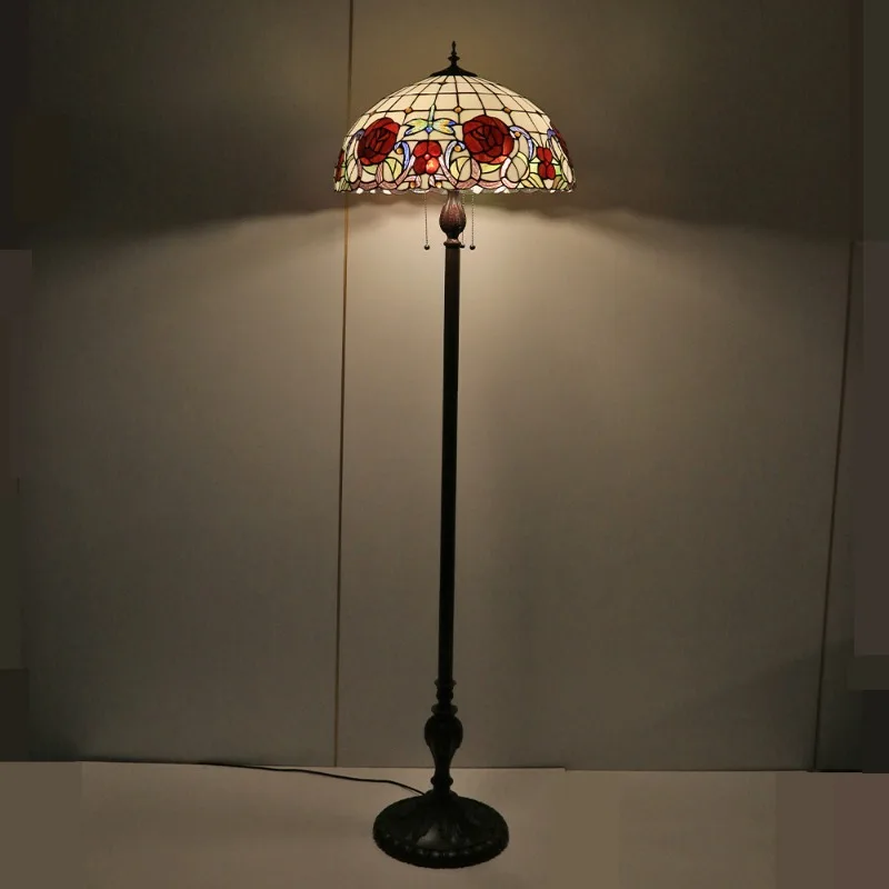 Rose Patterned Glass Lampshade Floor Lamps Retro Art Decoration Lighting Fixtures Living Room Hotel Homestay LED Standing Light