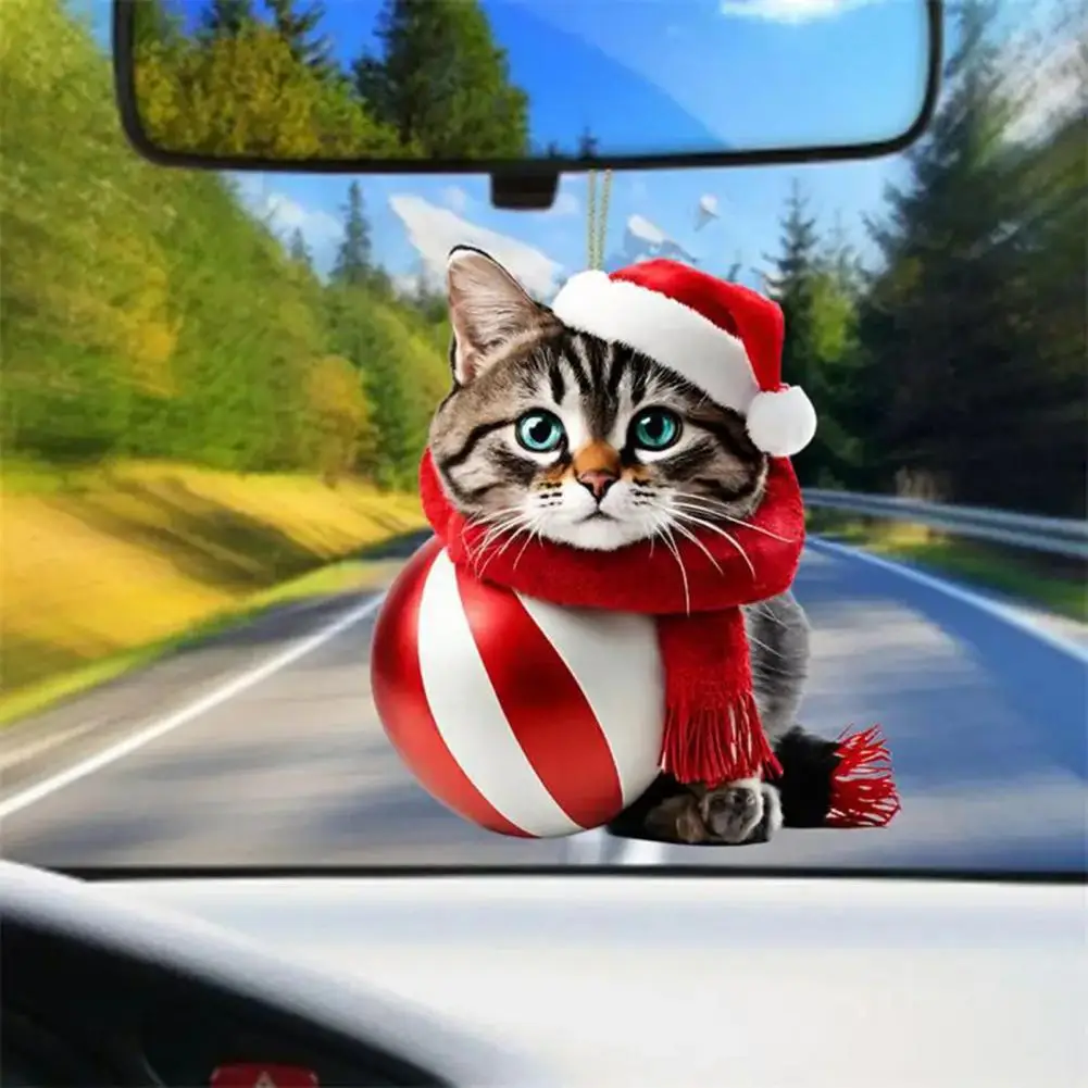 Swinging Cat Car Mirror Hanging Ornament Wearing Christmas Hat Car Pendant Decoration Acrylic Versatile Car Interior Accessories