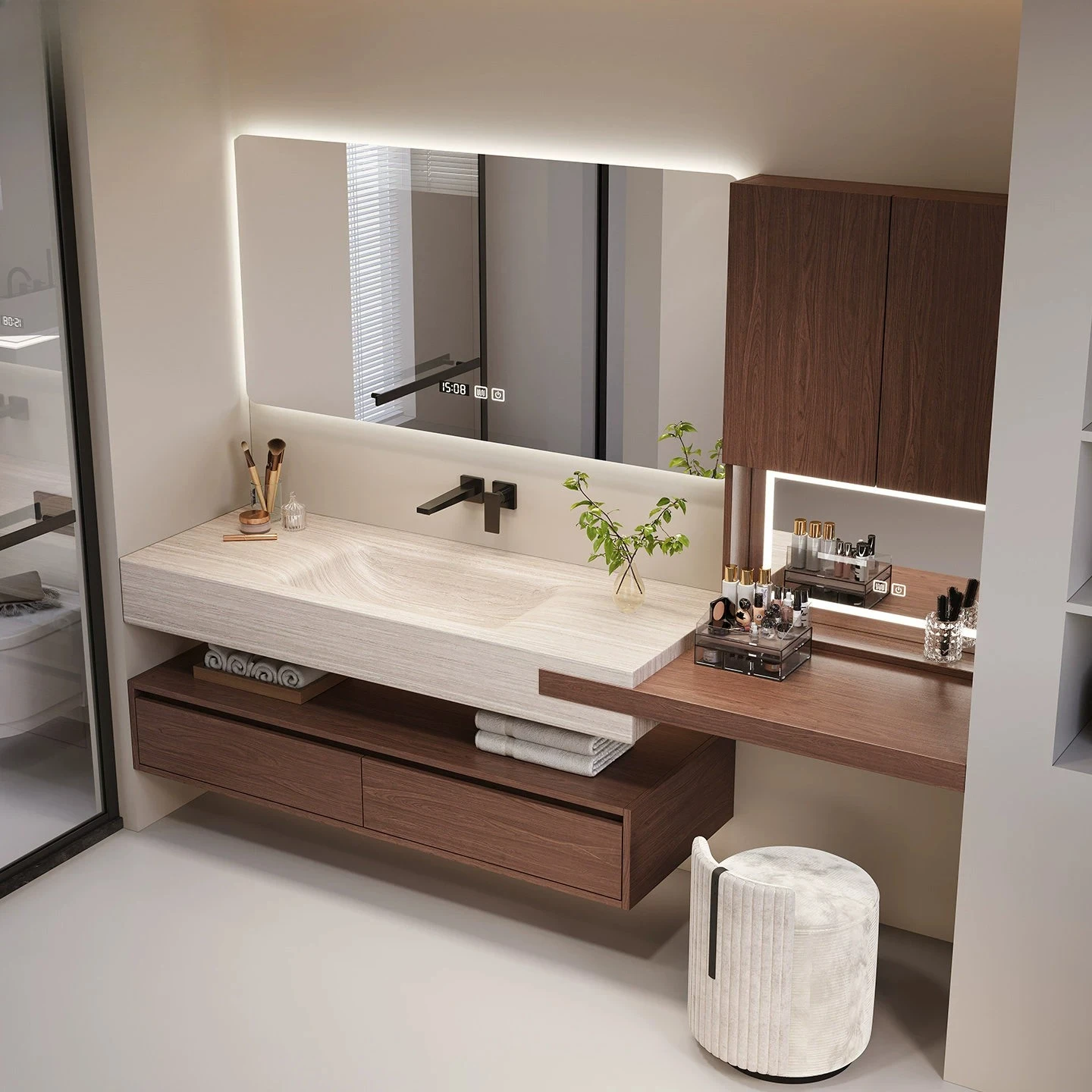 New Rock Slab Hot Bending Integrated Basin Hotel Wind Rubber Wood Walnut Split Vanity Bathroom Cabinet Customization