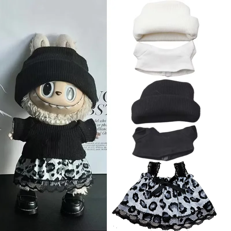 

Sexy Leopard Print Labubu Dress Fashionable Custom Knitted Hat 17cm Labubu Replacement Outfit Camellia Leather Shoes