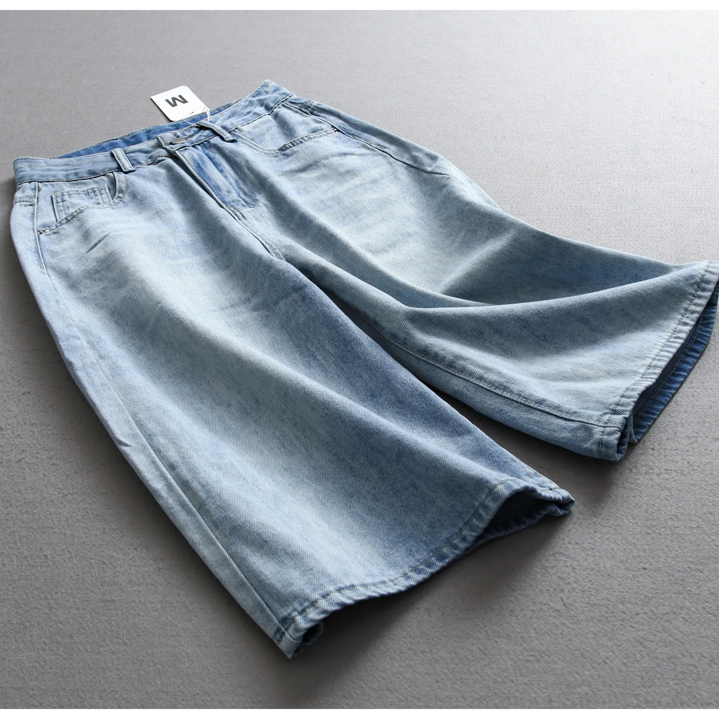 라이트 블루 워터 워시 데님 바지 여성 여름 패션 하이 웨이스트 루즈 크롭 바지 다목적 여성 와이드 레그 청바지