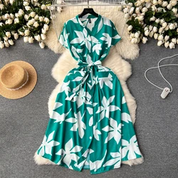 French Vintage o Neck short sleeve Bandage print Dress Chic Elegant Vestidos Summer Fashion A-line pleated sweet Dresses