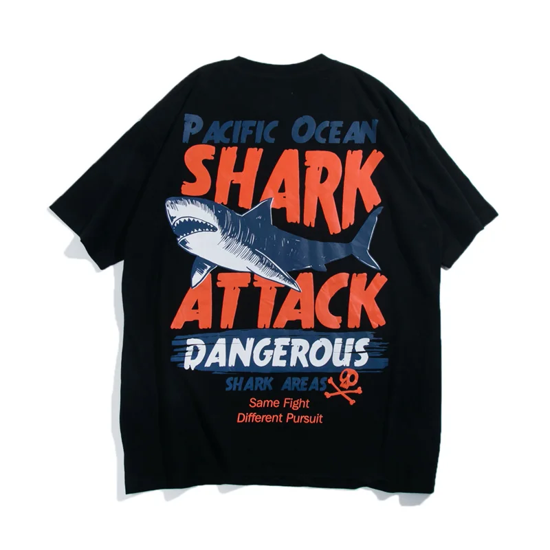 Abfer American Retro Oversized T-shirt Men's Hip Hop Shark Attack Graphic T Shirts Harajuku Clothing Y2k Clothes Cotton Tops Tee