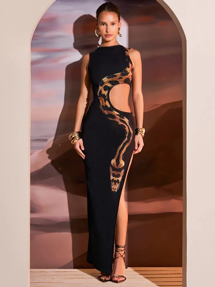 여성용 뱀 프린트 컷 아웃 슬림 롱 원피스, 섹시한 패키지, 힙 바디콘 슬릿 민소매 드레스, 클럽 파티 베스티도스, 2025 신제품