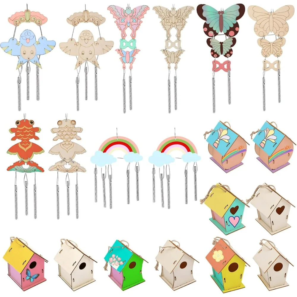 

20 наборов, 10 стилей: наборы для самостоятельной сборки деревянных домиков для птиц и ветряных колокольчиков, включая алюминиевые трубки случайных цветов, для декора дома и подарков