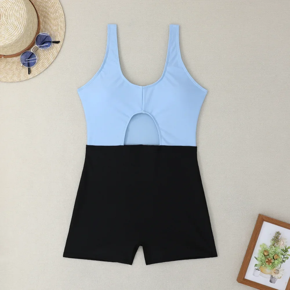 2022 New Solid Color Contrast Boxer Cut-out One-piece Swimsuit Bikini