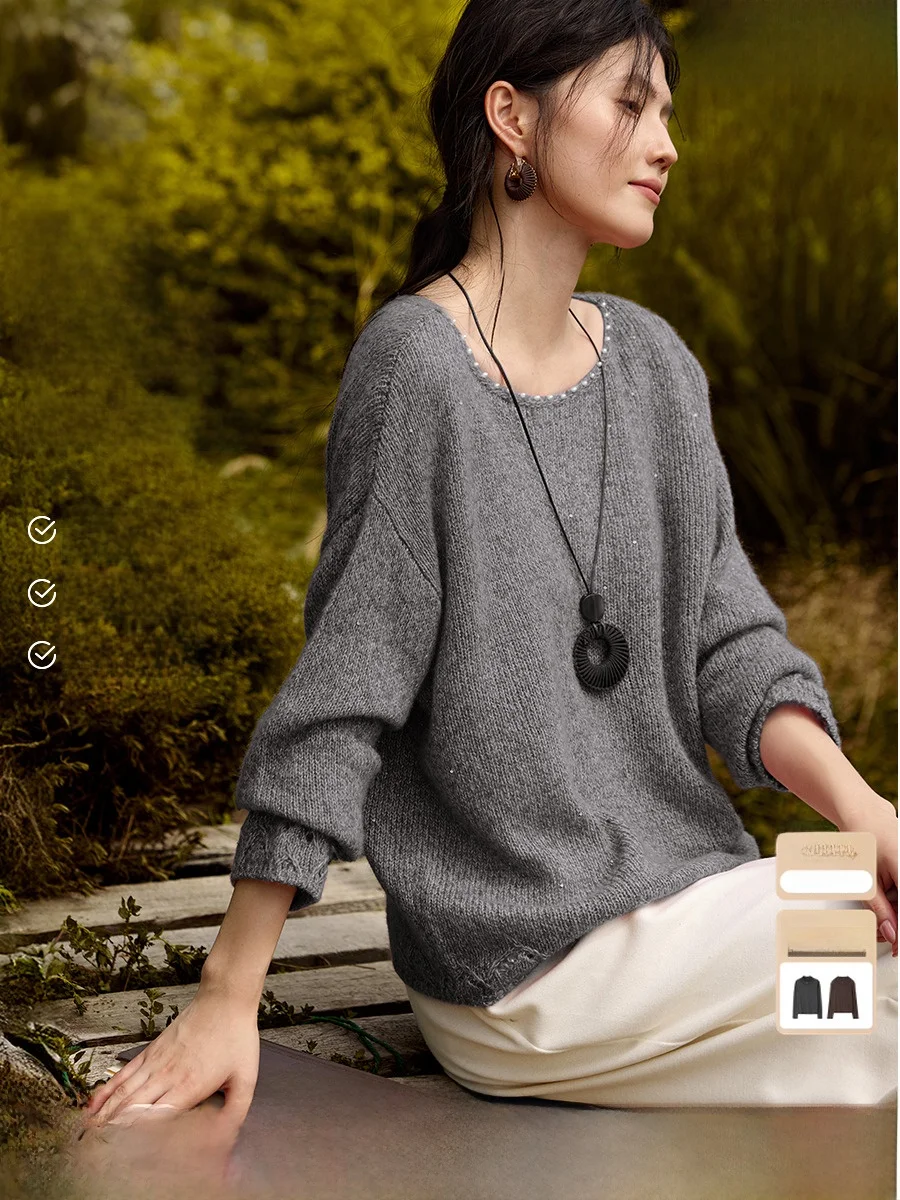 

XWI Camere Sparkling Tead Knitted Sweater Women's Autumn Winter New Design round Ne Embellied Lazy Sweater Ele Sle