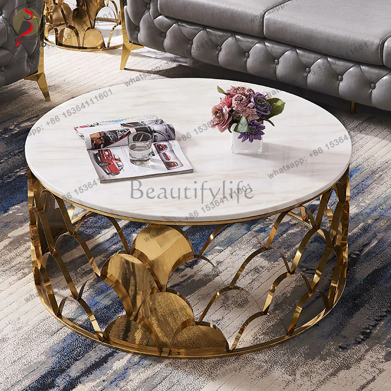 Customization Nordic Light Luxury Fish Scale Round Glass Coffee Table Stainless Steel Marble Tea Table