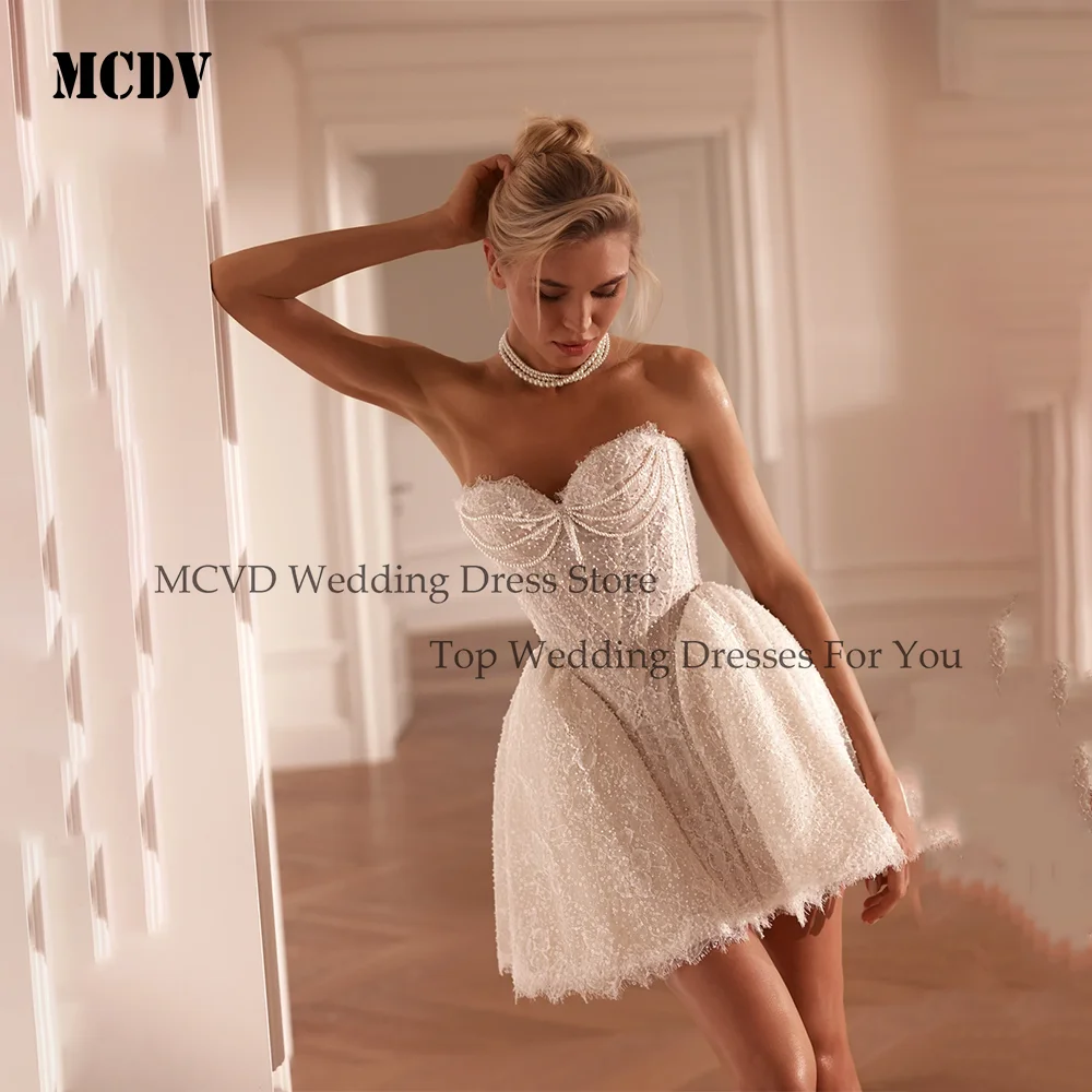 

Civil Wedding Dresses Bride Backless Beaded A-Line Short Engagement Party Dresses Lace Up Sleeveless robe de mariée Customized