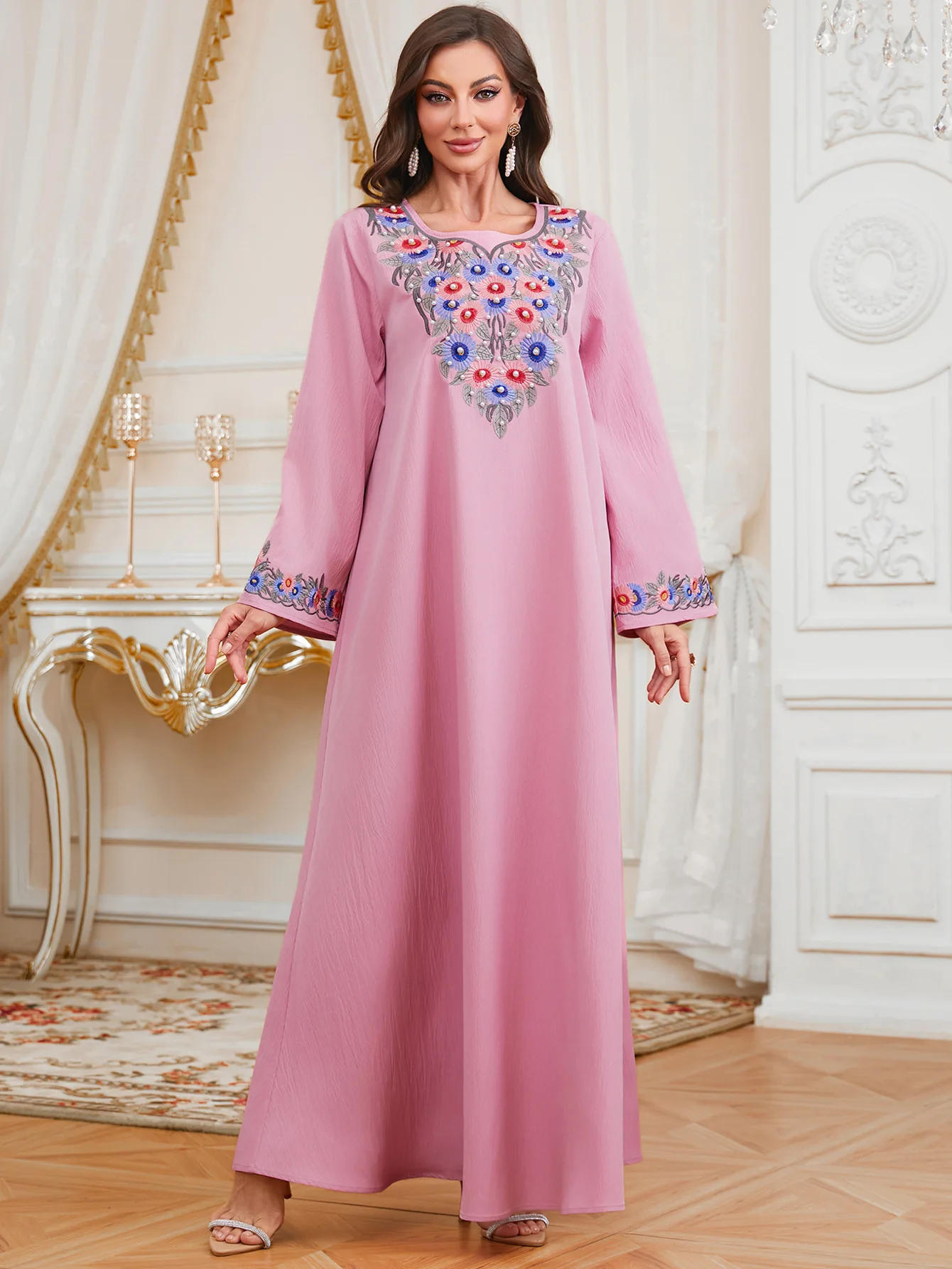 

Elegant Women Embroidery Floral Beaded Robe Dresses Loose Long Sleeve Ethnic Maxi Dress Holiday Party Modest Long Dress Vestidos