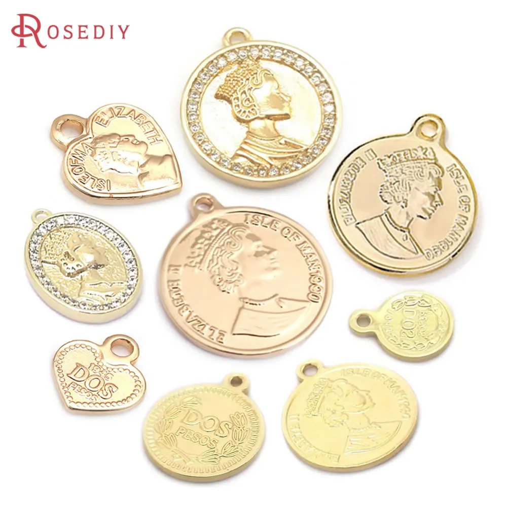 8MM 9MM 13MM 15MM 18MM 21MM 高品質18Kゴールドカラー真鍮製クイーンコインチャームペンダント ジュエリー製作DIY用アクセサリー 1