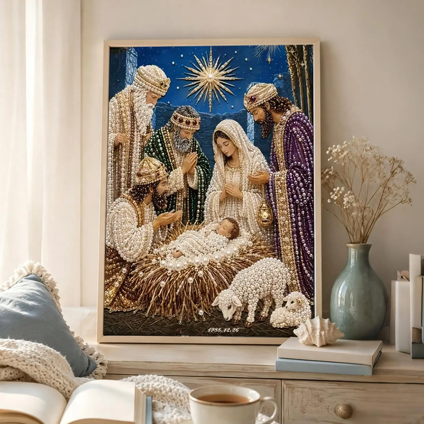 40X30CM Nativity Scene Pearl Art Kit PrePrinted Interactive Decoration Birth Of Jesus Pearl Art Painting for Christian Beginners