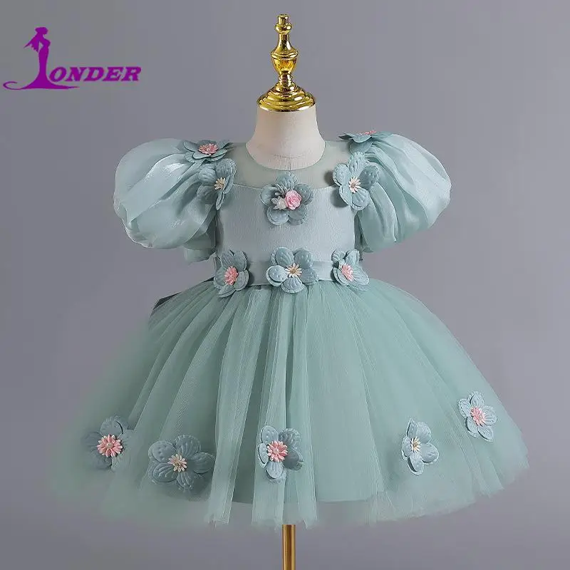 sonder-女の子のための緑のエルフの花柄のドレスボールガウンクラシックなオーガンザ半袖ラウンドネックパーティードレス