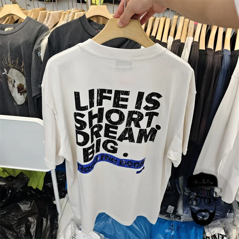 summer white pure cotton false perception T-shirt for men and women casual loose vintage T-shirt