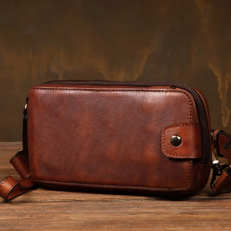 Handmade men's handbag vegetable tanned cowhide clutch bag multifunctional retro leather shoulder crossbody mobile phone bag