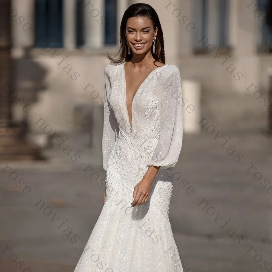 Customized Sequin Wedding Dress Deep V Neck Puff Full Sleeve Mermaid Bridal Gown Sparkly Vestidos De Novia 2026 Luxury