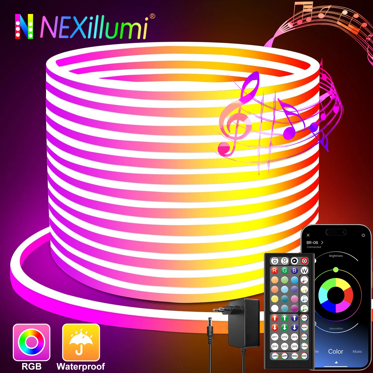 Nexillumi RGB LED Neon Lights, Smart App Remote Control, IP65 Waterproof Music Sync Color Changing Rope for Bedroom Living Game