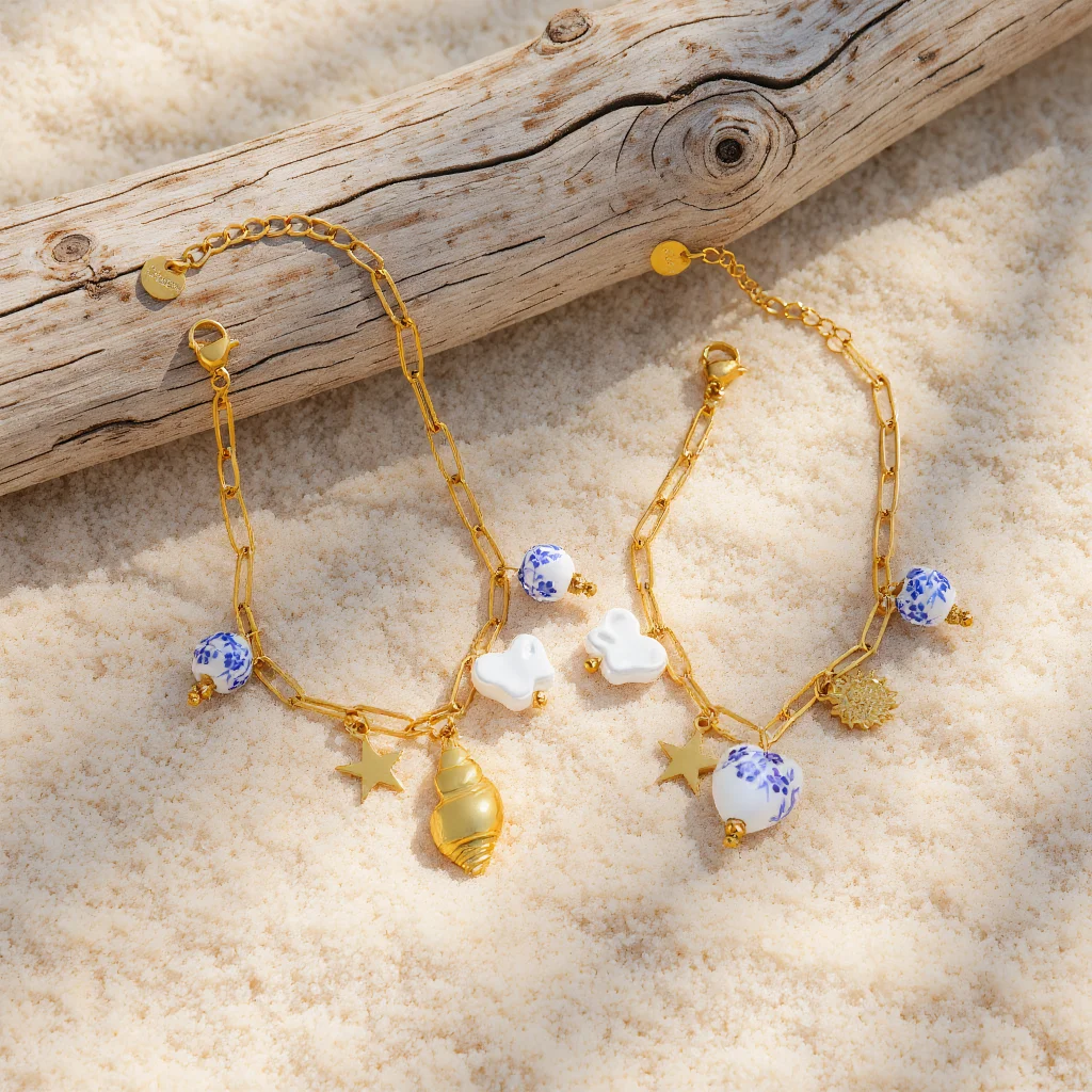 

Non-fading Gold Color Stainless Steel Bracelet Ceramic Pendant Ocean Style Shell Conch Accessories Beach Jewelry Gift for Women