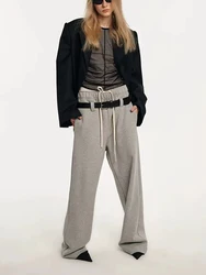 Double waist head drawstring loose casual pants versatile y2k design sense gray belt decoration women's pants 2023 winter new