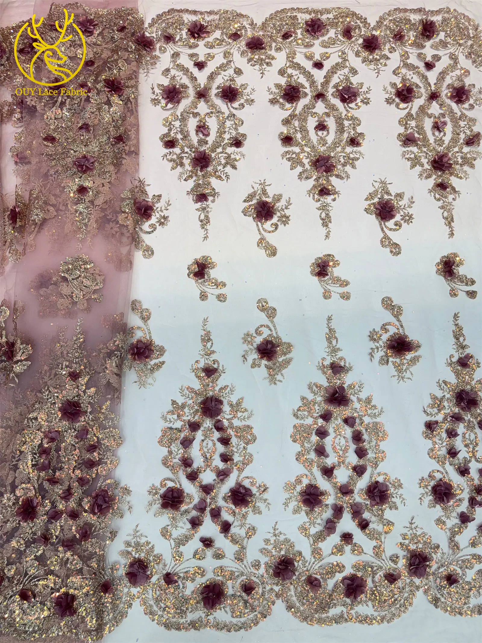 Neuer Stil Afrikanischer 3D-Applikations-Spitzenstoff 2026 Nigerianischer Glitzer-Pailletten-Spitzenstoff für Abschlussball- und Hochzeitskleider zum Nähen, 5 Yards – Detail 13