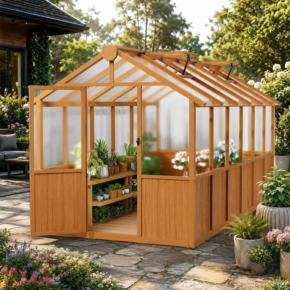 Large 6x12 Walk-in Wooden Greenhouse with Polycarbonate Panels for Garden Plants and Backyard Use