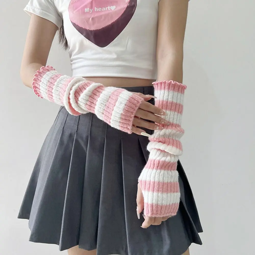 Y2k Knitting Gloves Socks Set Breathable Stripe Arm Warmer Mitten Fingerless Gloves Over Knee Length Socks