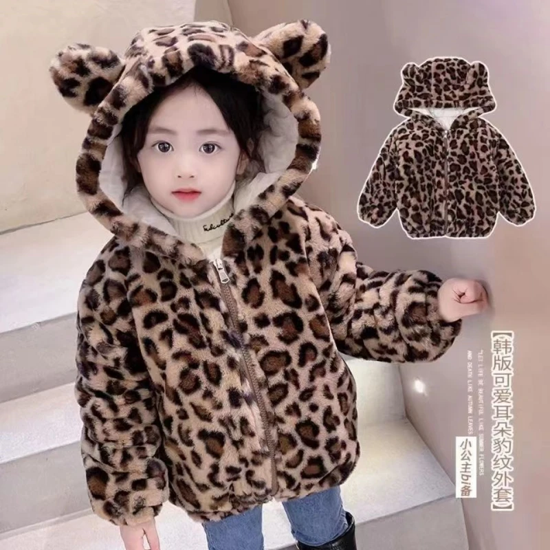 

Baby Coat Winter New Fashion Leopard Print Plush Thick Jacket 2025 Boy and Girl Cartoon Hooded Ear Plush Top