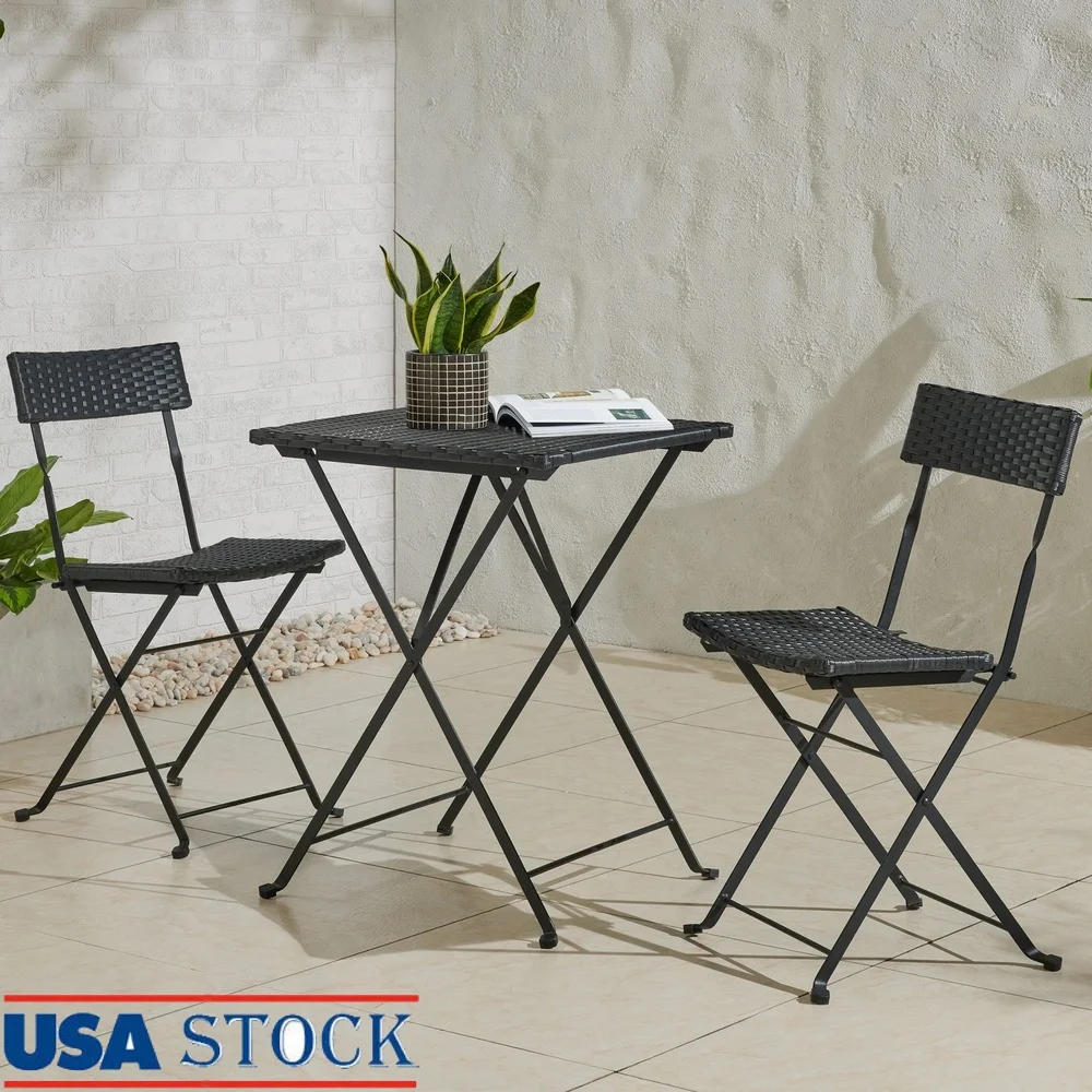 Folding Outdoor Bistro Set 3-Piece Rattan Steel Table and Chairs Lightweight Compact Patio Furniture Small Spaces