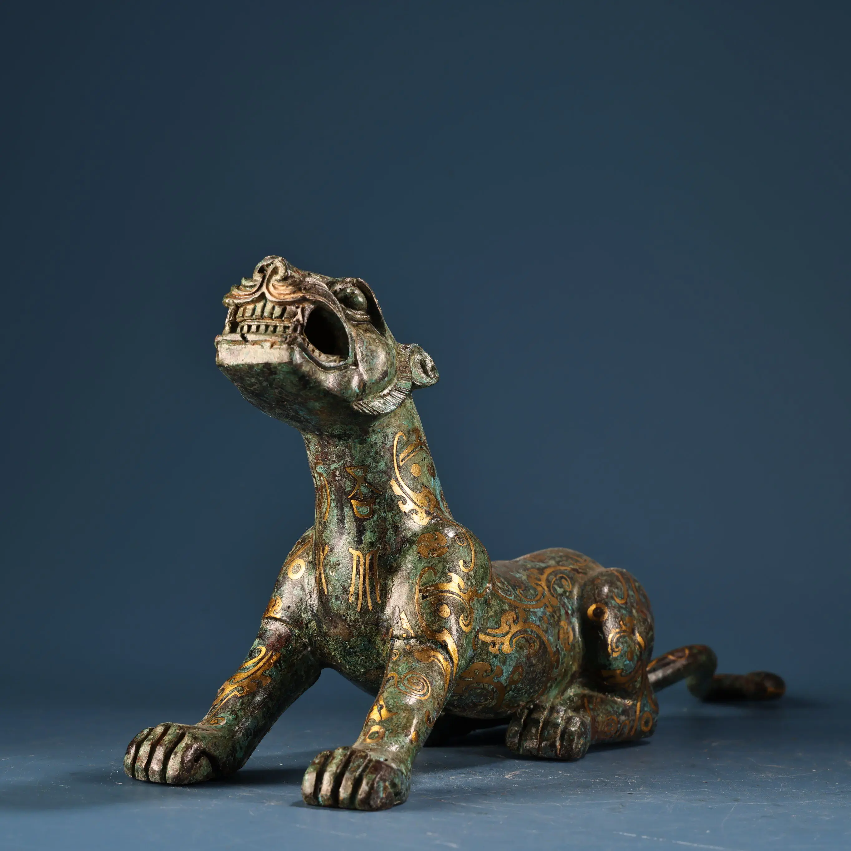 Gold Inlaid Antique Bronze Tiger Zodiac Statue with Inscriptions, Thick Natural Patina