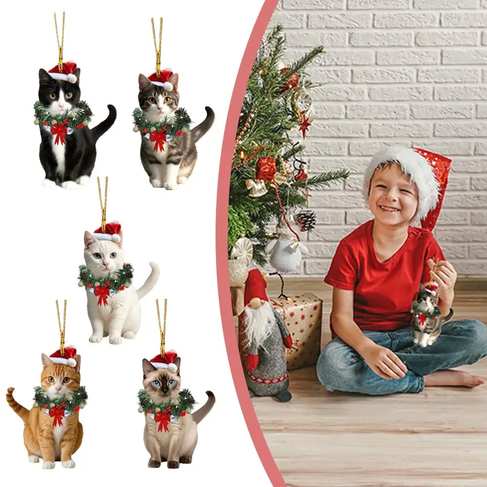 5PCS 2D Flat Acrylic Christmas Pendant Cat Xmas Wreath Bag Charm Pendant Car Hanging Ornament Funny Home Christmas Decoration