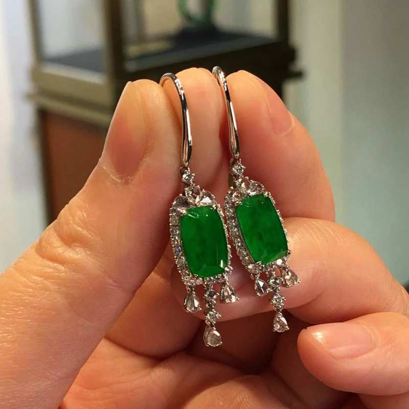 Natural Hotan Jade Exquisite Square green tassels earrings for women Ethnic Style Vintage party earings Banquet Jewelry
