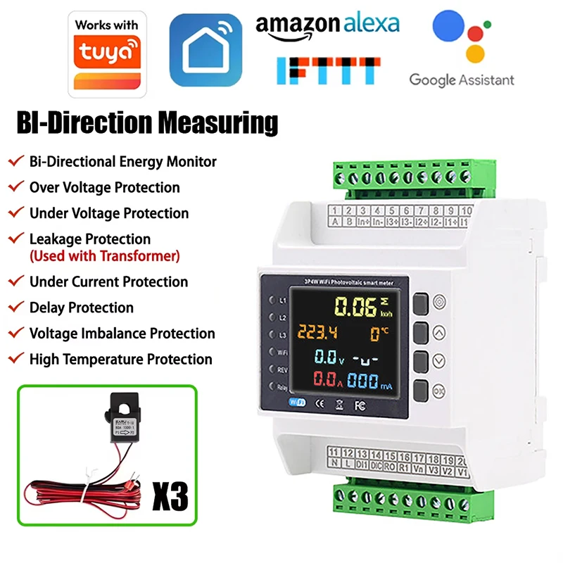 Three Phase Tuya WiFi Smart Bi-Directional Energy Meter with 3 CT Clamps Leakage Over Under Voltage Protector Relay Switch Limit