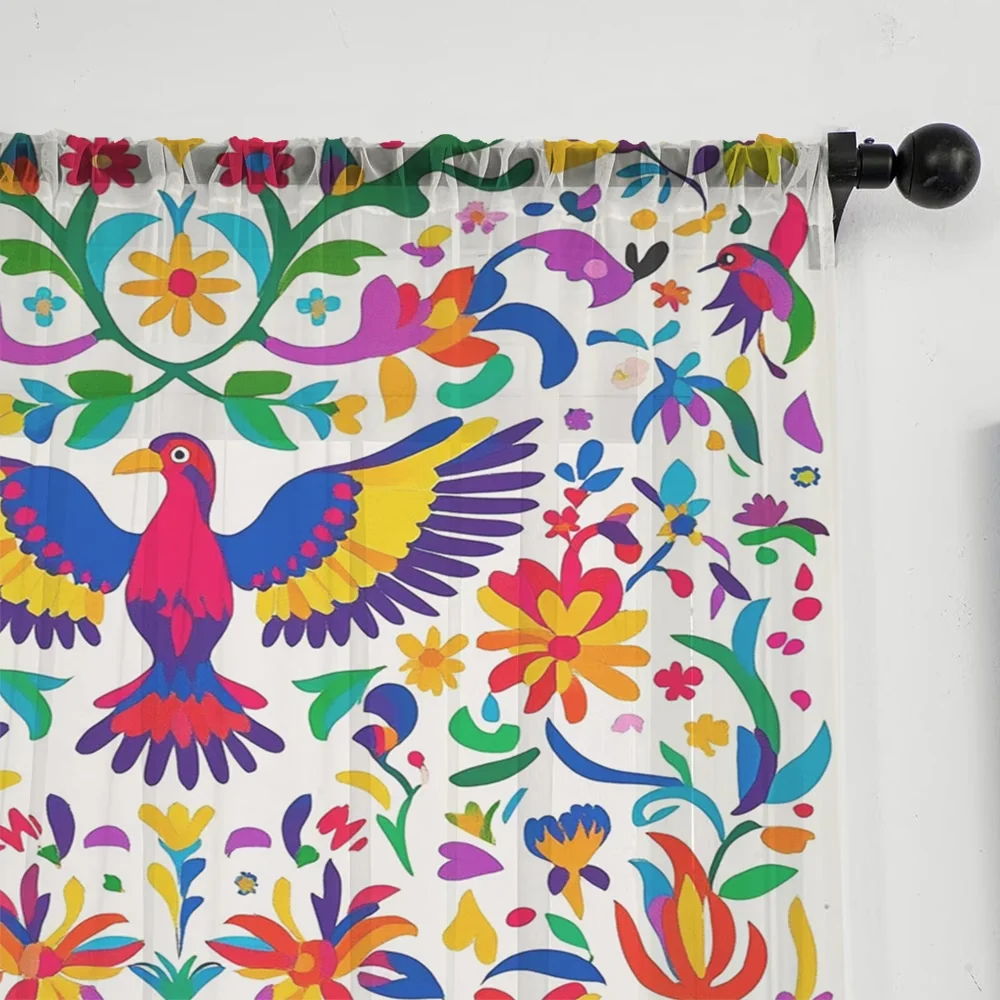 2PCS Digital Printing Sheer Curtain, Mexican Folk Art Birds Flowers Pattern, Vibrant Ethnic Bohemian Fiesta Living Room Decor - view 5