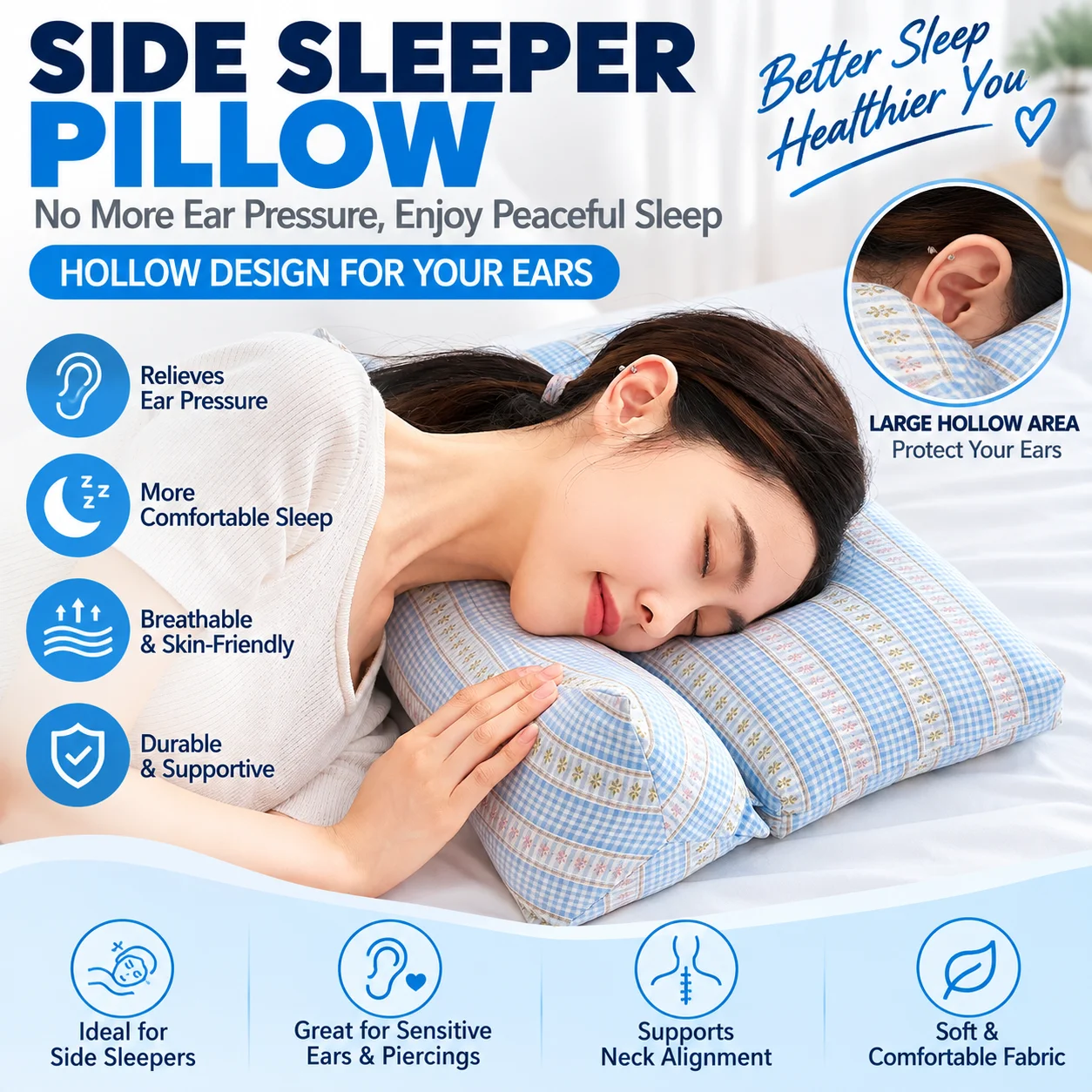 Triangle buckwheat shell ear hole pillow, cervical traction sleep hard pillow, adult hollow side sleep ear protection pillow