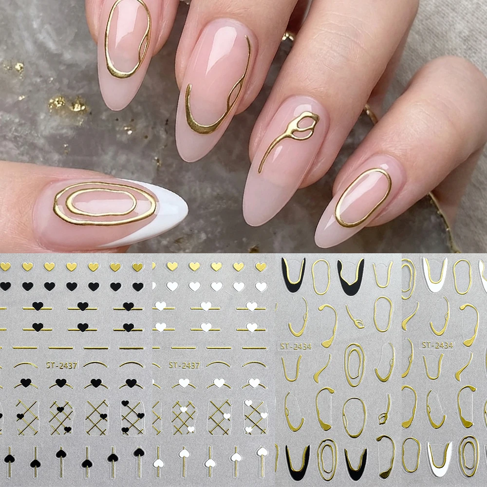2-4 Stück Goldstreifen Französische Linien 3D Nagelkunst-Aufkleber Unregelmäßige Linien Luxuriöse Schwarz-Weiße Herz-Nagelaufkleber DIY Maniküre-Dekoration