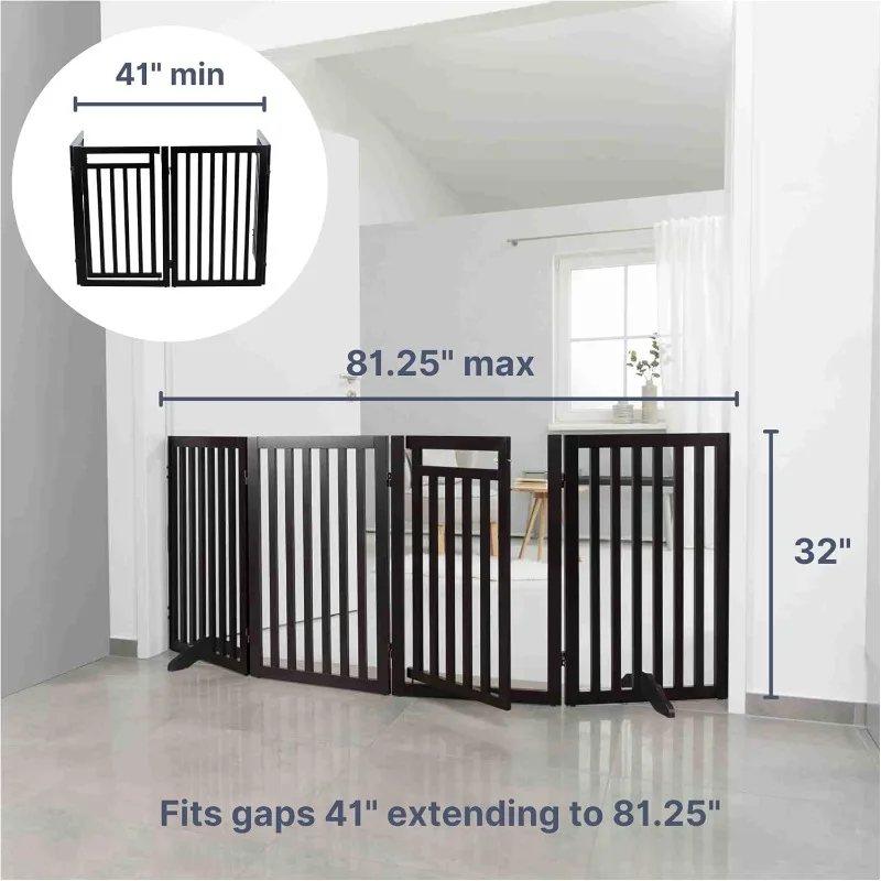 Freestanding 4-Panel Pet Gate, Foldable Pet Barrier Fence, Convertible Pet Pen, 32-in Tall, Walk Through Door