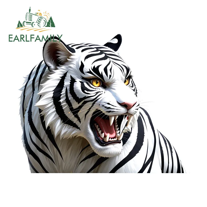 EARLFAMILY Scary White Tiger Car Stickers Motorcycle Helmet Surfboard Waterproof Decal Occlusion Scratch Fashionable Car Label