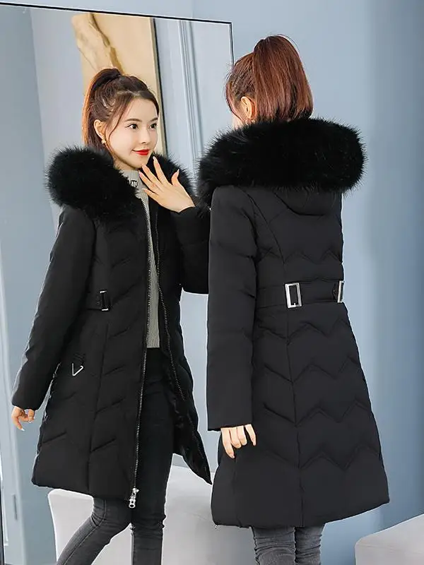 Detachable Large Fur Collar down Cotton Jaet Women's Mid-Length Korean Sle Winter Coat Warm Thiened Zipper Closure