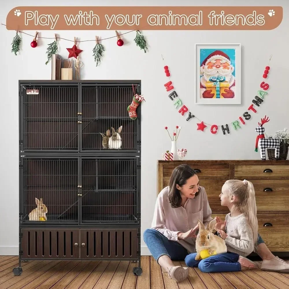 Large 60H Metal Rat & Chinchilla Cage with Removable Pan, Double Door, Locker, and Wooden Interior