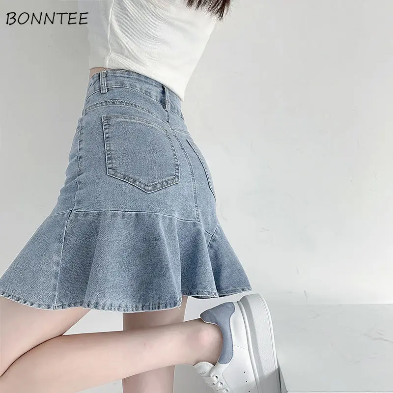 Skirts Women Denim Retro Washed Ladies Summer Empire Street Style Trumpet Design Harajuku Daily Mini Schoolgirl Solid Ins Faldas