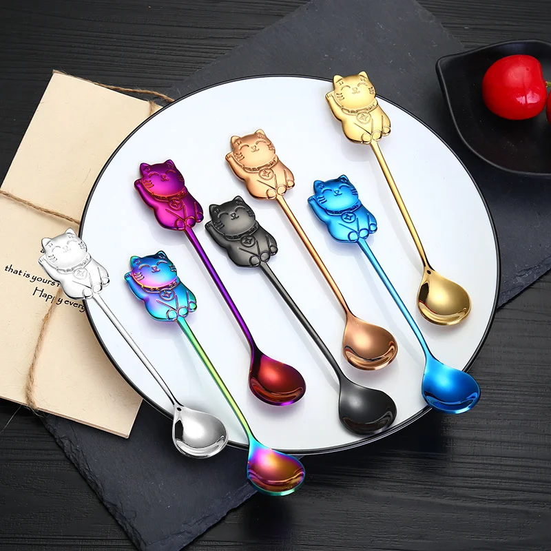 Coffee Spoon 304 Stainless Steel Cute Luck Cat Coffee Stirring Spoon Cartoon Dessert  for Tableware Kitchen Supplies Ice Cream