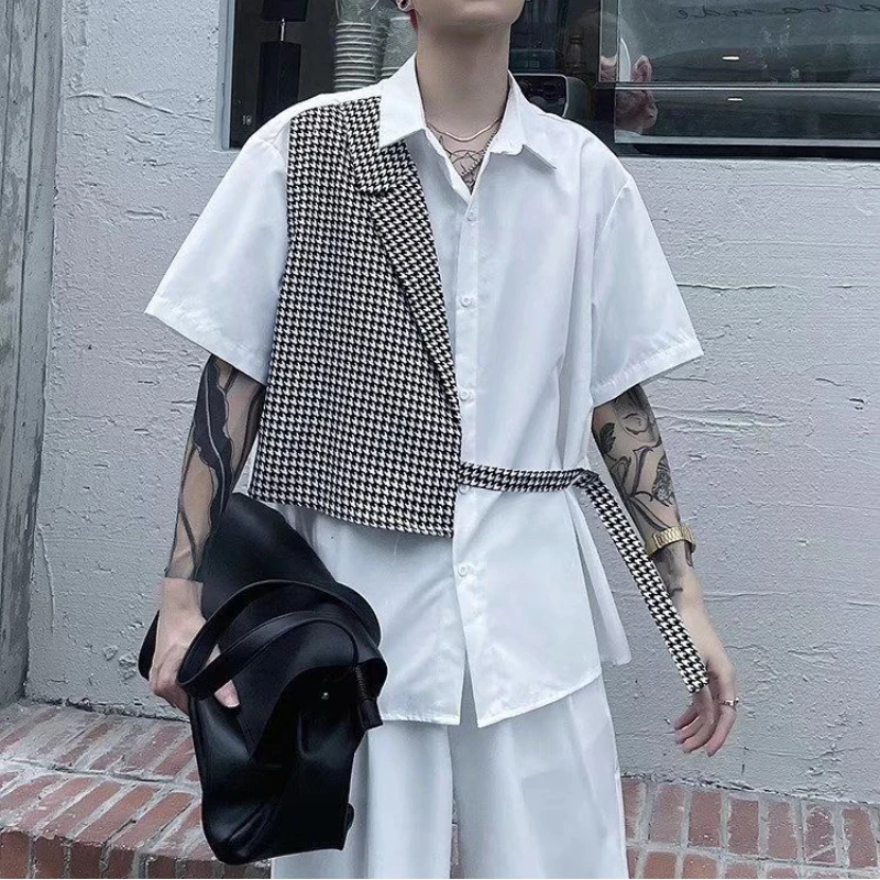 Men's Fake Two Piece Patchwork Korean Blouse Polo Neck Loose Youth Street Casual Shirt Tops Fashion Trend Men Clothing Summer