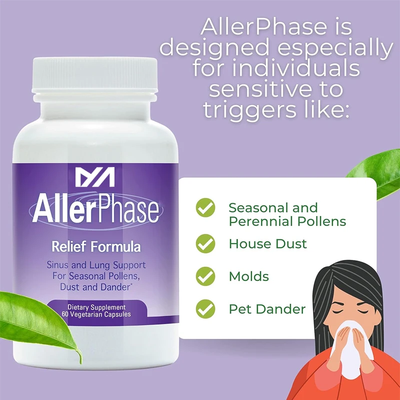 AllerPhase natural herbal sinus and lung relief supplement, suitable for respiratory discomfort caused by pollen and dust