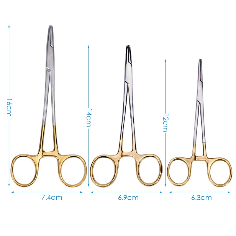 1pc Dental Needle Holder Reusable Gold Plated Handle Suture Plier 12/14/16cm Hemostat Locking Forceps Surgical Instrument ﻿
