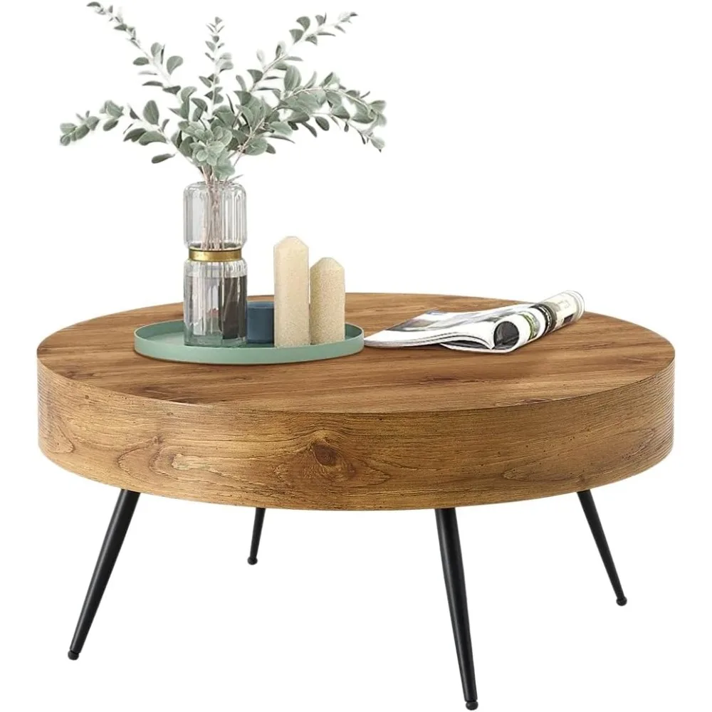 

31.5'' Round Coffee Table for Living Room, Wood Texture Table Top, Black Metal Tables Legs Tea Tables for Dining Room Apartment