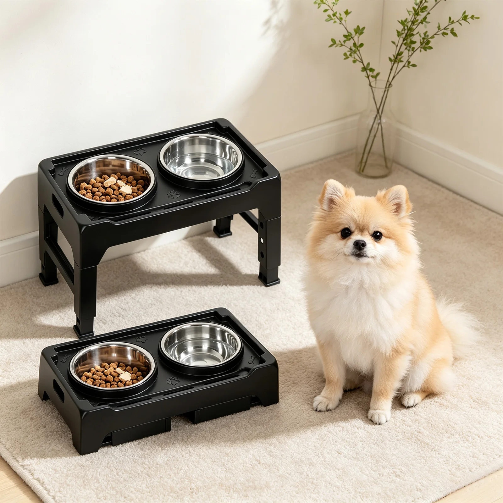 Supporto regolabile per ciotole per cani, ciotole per alimentazione con 2 ciotole in acciaio inossidabile, supporto rialzato per ciotole per animali domestici, gambe pieghevoli, accessori per animali