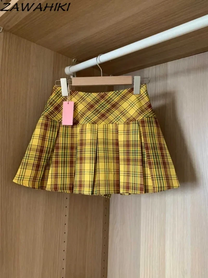 Saias de patchwork xadrez rosa para mulheres, cintura alta, plissadas, casual, escritório, doce, senhora, doce, senhora