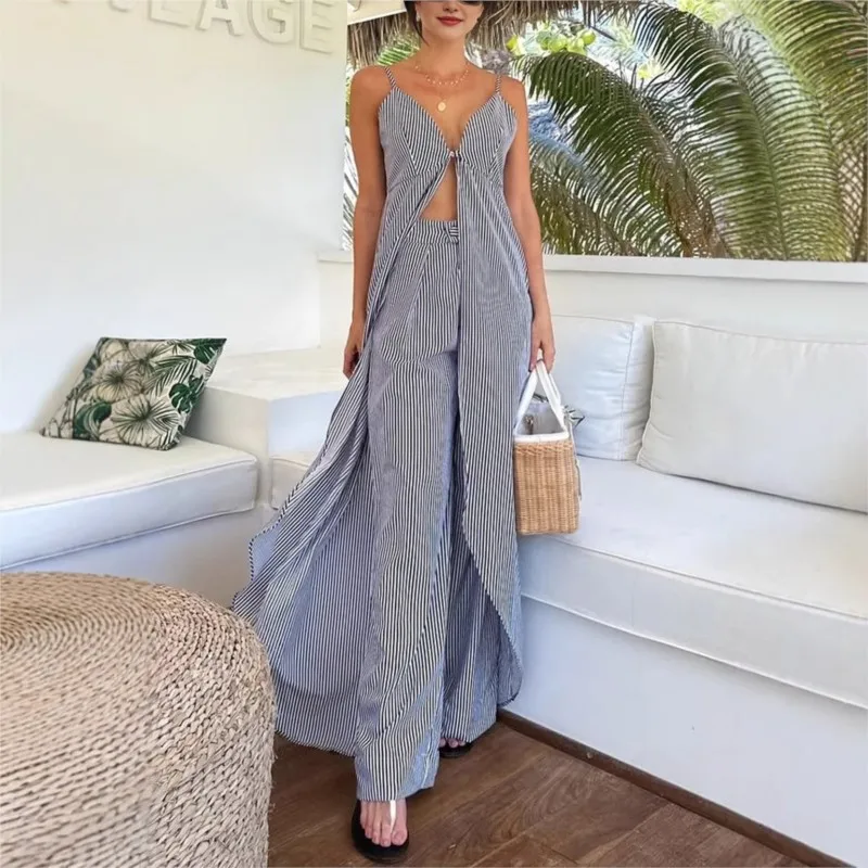 

Sexy Spaghetti Strap Long Top Two Pieces Sets Summer Holiday Wide Leg Pants Fashion Outfit Classic Striped Chic Ladies Suits